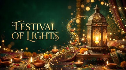 Fototapeta premium A beautiful festive background celebrating happy diwali with glowing lanterns and traditional oil lamps creating a warm atmosphere for the auspicious hindu festival of lights