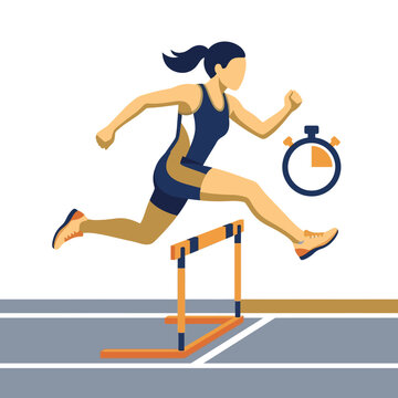 Vector illustration of a female hurdler in a blue athletic uniform jumping over an orange hurdle on a running track with a stopwatch icon, isolated on a white background.