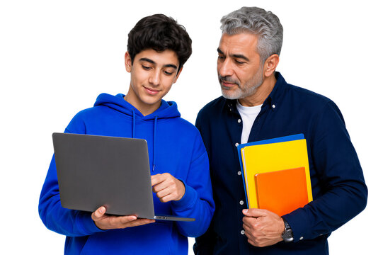 Teenage boy showing laptop screen to older man, both looking at device, isolated on transparent background. Education, mentoring, technology, learning.