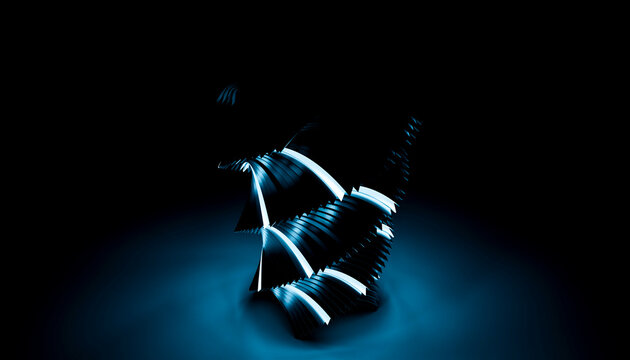 Abstract metallic sculpture with blue illumination on dark background