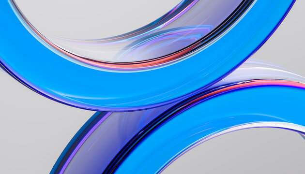 3D cyan glass arc crossing violet loop on light background for futuristic wallpaper
