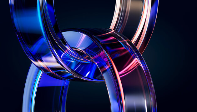3D linked glass ring junction with blue and magenta glow on dark digital network background