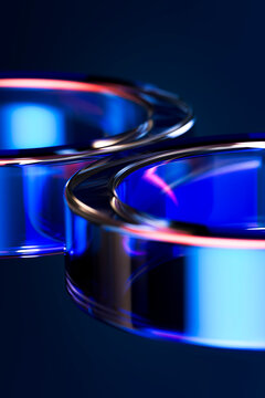 3D glossy blue glass ring macro with luminous edge on dark futuristic background