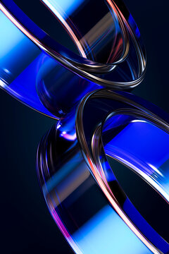 3D twisted glass ribbon knot with cobalt highlights on dark abstract technology background