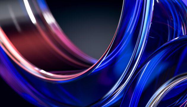 3D macro glass loop intersection with cobalt and coral reflection on dark technology background
