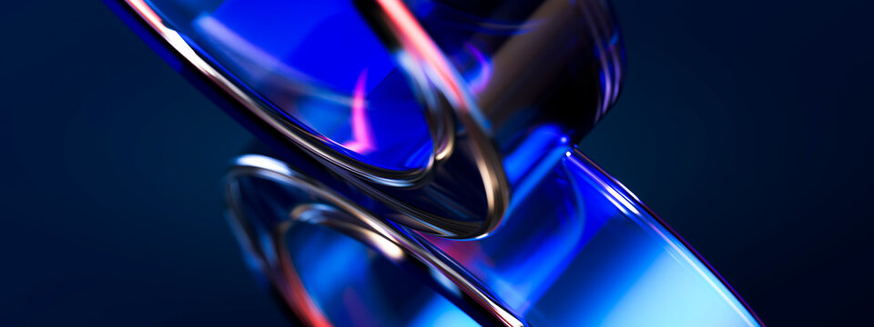 3D closeup glass loop crossing with electric blue glow on dark abstract technology background