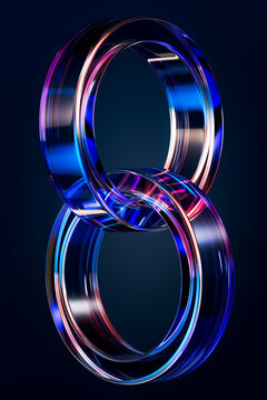3D figure eight glass ring structure with neon blue reflection on dark futuristic background
