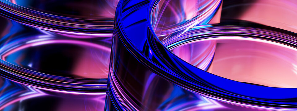 3D intertwined glass loop panorama with pink and blue neon reflection on dark wallpaper