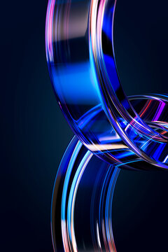 3D vertical glass loop chain with neon blue and coral light on dark background