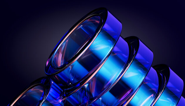 3D stacked glass ring column with cobalt glow on dark futuristic technology background