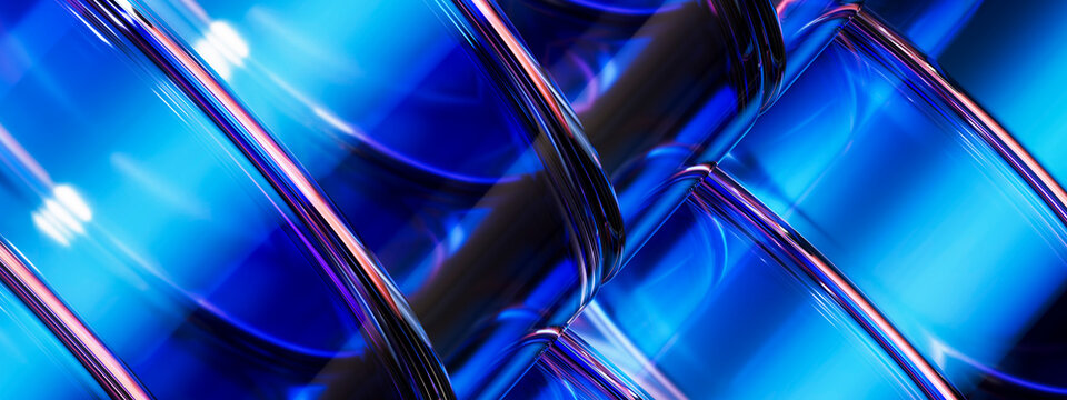 3D diagonal glass tube lattice with electric blue reflection for abstract technology wallpaper