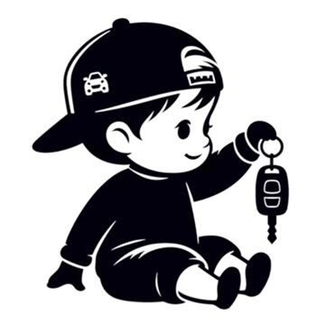 Cute black and white baby boy holding car key, sitting in a backward baseball cap.