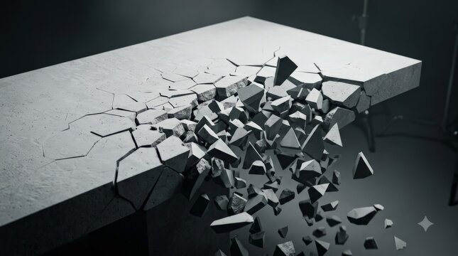 A concrete slab fractures into pieces in a dramatic visual representing an earthquake, with debris shattering downward in a dynamic studio display against a dark backdrop