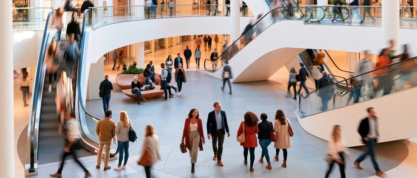 Crowded modern shopping mall atrium with escalators and footfall