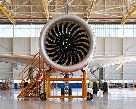 Jet engine mounted on aircraft in maintenance hangar with orange scaffolding and industrial lighting