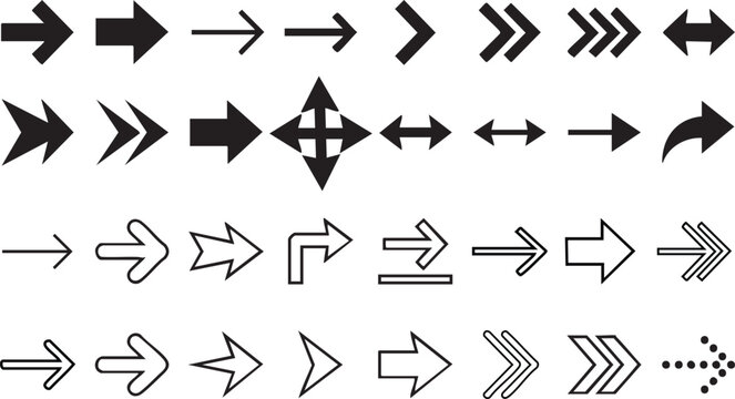  Collection of  hand drawn various black arrow icons pointing in different directions on a white background