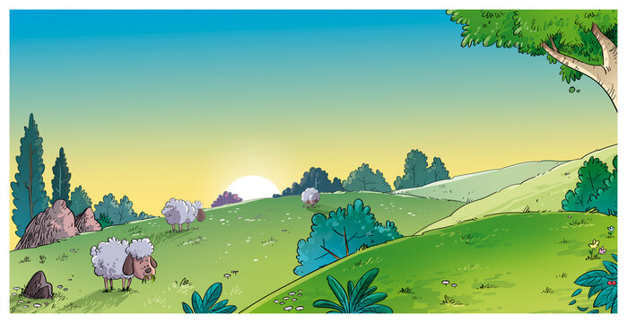 Ilustraci&oacute;n de un prado con ovejas, fondo infantil