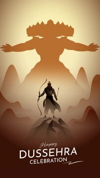 4K Animated Video Dussehra Festival Greeting Featuring Lord Rama and Ravana Silhouettes with Dramatic Mountains and Warm Golden Lighting