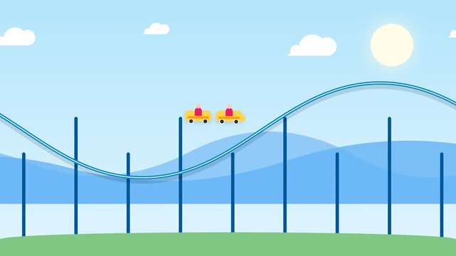 Flat vector animation of a roller coaster ride in an amusement park