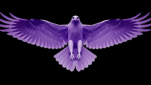 A stylized purple eagle illustration with geometric low poly design on black background.