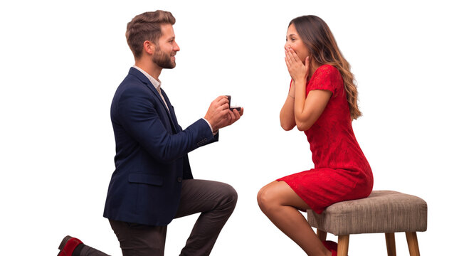 Caucasian man proposing to surprised woman in red dress with ring