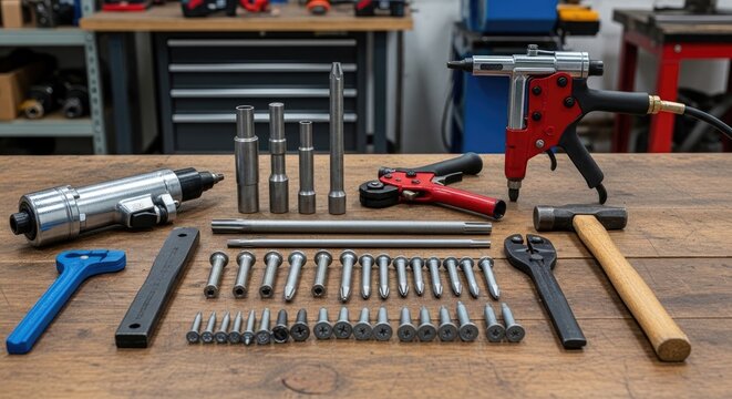 A person demonstrates the use of a pneumatic impact driver and associated tools in a workshop setting.