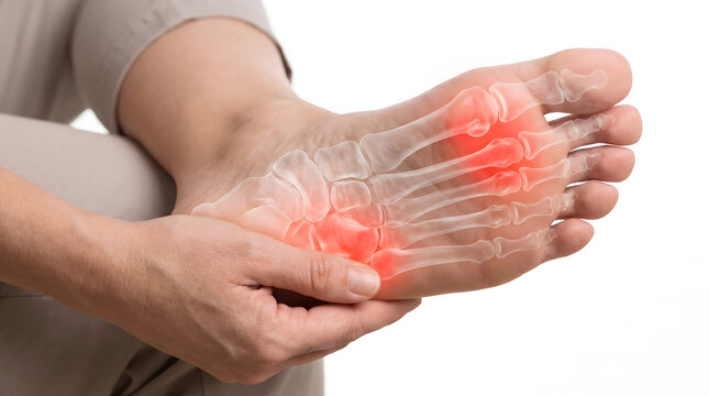 Close-up of a person experiencing severe foot pain, holding their sole. An anatomical overlay highlights inflamed joints and bones in red, illustrating common medical conditions like arthritis, gou...