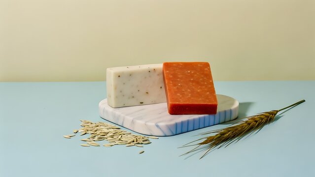 A bar of natural oatmeal soap resting on a ribbed marble coaster