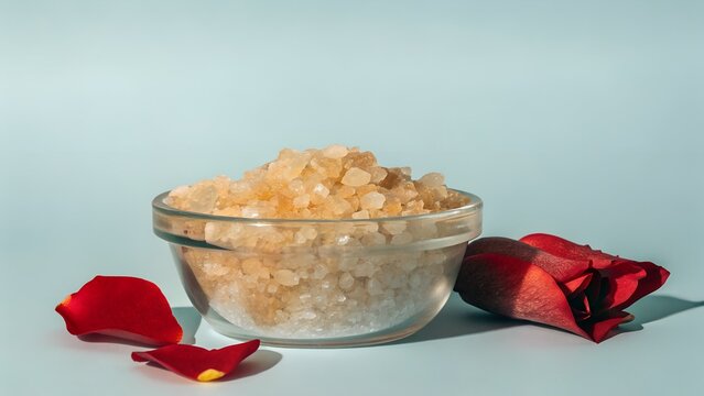 A clear glass bowl filled with sea salt crystals