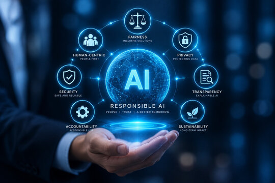 Responsible AI artificial intelligence ethics data privacy security transparency accountability fairness sustainability human centric concept with hologram interface hand, futuristic technology