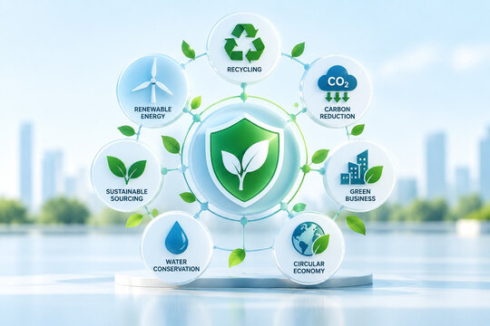 Sustainability recycling renewable energy carbon reduction green business circular economy water conservation sustainable sourcing eco friendly concept icon network with leaf shield over city