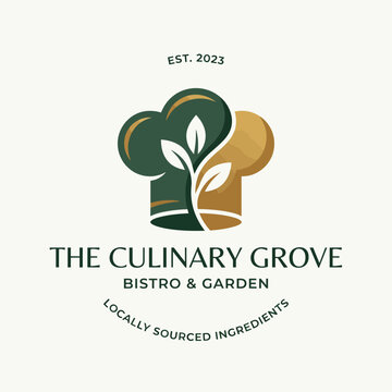 An inviting logo for a bistro and garden emphasizing local ingredients and culinary creativity, featuring a chef's hat and plant, perfect for gourmet dining establishments.