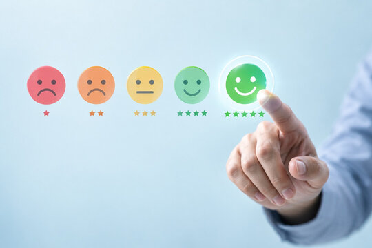 Customer satisfaction feedback rating review smiley hand selecting five star rating virtual interface, concept for service quality, customer experience, evaluation, positive response, copy space