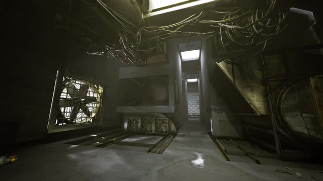 Derelict control room with tangled cables and console, broken panels, dim emergency light, dusted floor and tangle of wiring evoking eerie industrial decay.