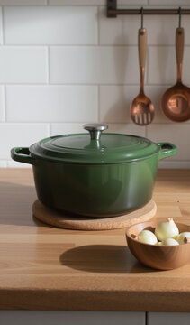 A forest-green enameled cast iron Dutch oven rests flat on a pressed cork trivet on an oak counter.