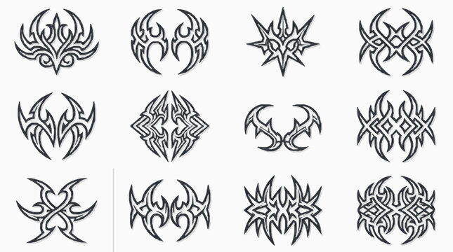 Black tribal tattoo flash art collection with sharp curved ornaments