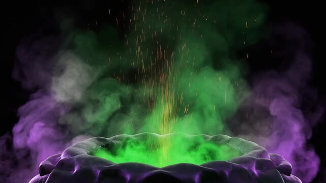 Bubbling witch cauldron brewing green and purple magical smoke