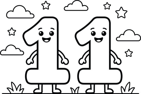 Two happy number one characters walking in a cartoon landscape