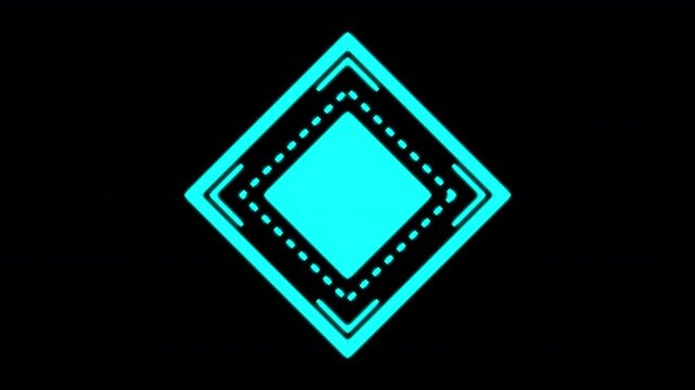 Geometric HUD animation featuring glowing polygon shapes, symmetrical digital lines, and a central neon target on a black background