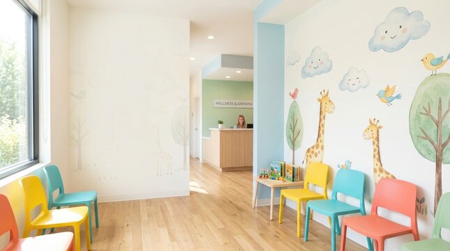 A cheerful wellness clinic reception area features colorful chairs and a whimsical wall mural. A friendly receptionist sits behind a wooden desk.