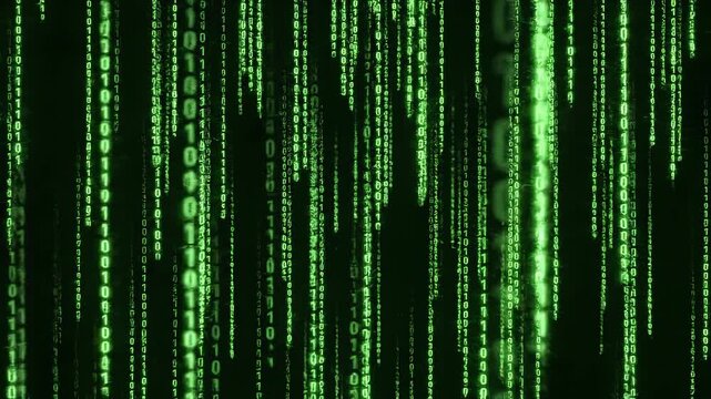 Green digital rain effect in abstract code streams with copy space for technology concepts