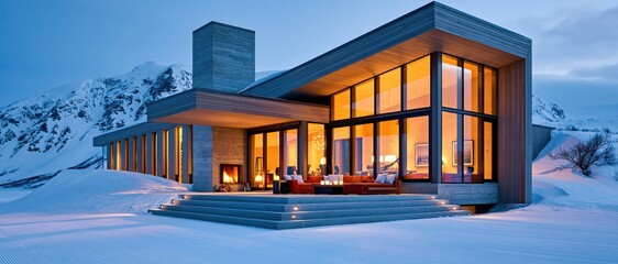 Fototapeta premium Modern mountain lodge exterior at blue hour with warm interior light glowing through large windows
