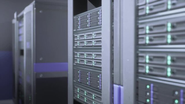 Colocation cabinet interior with illuminated LEDs rackmounted equipment, numbered slots, blue status indicators, managed power distribution units, cool