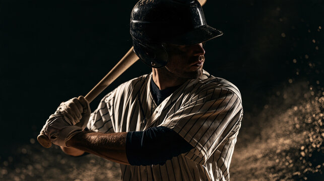 Baseball batter preparing to swing in dramatic low light with helmet and wooden bat