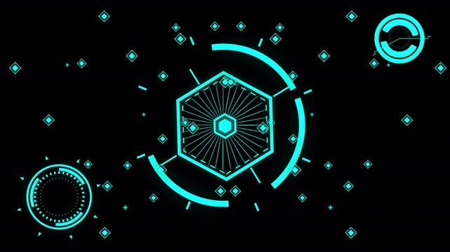 Futuristic cyan circular HUD interface with glowing digital radar and abstract technology animation
