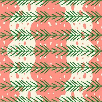 Festive Christmas seamless pattern with stylized pine trees and plaid checkered background