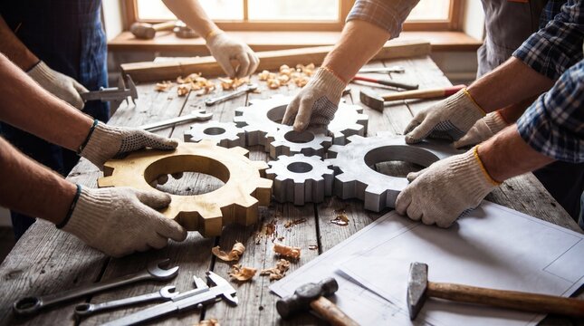 Craftsmen in gloves arranging large wooden gears on workbench