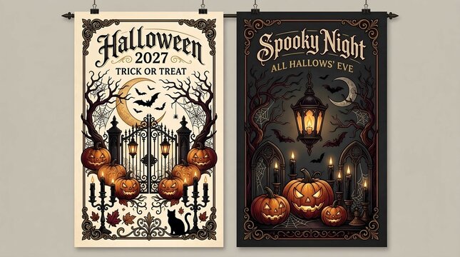 Set of two vintage Halloween vertical banners with spooky graveyard elements, carved jack-o-lantern pumpkins, flying bats, crescent moon, and gothic lanterns for 2027 All Hallows' Eve celebration.