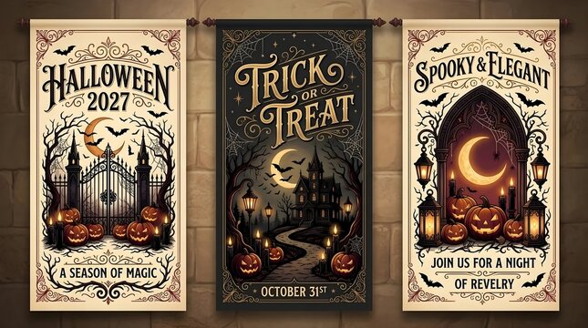 Collection of three vintage Victorian-style Halloween vertical banners featuring spooky motifs like carved jack-o-lanterns, haunted houses, bats, and gothic elements for seasonal party decor.