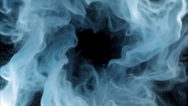 Abstract background featuring swirling blue smoke patterns on a solid black backdrop.